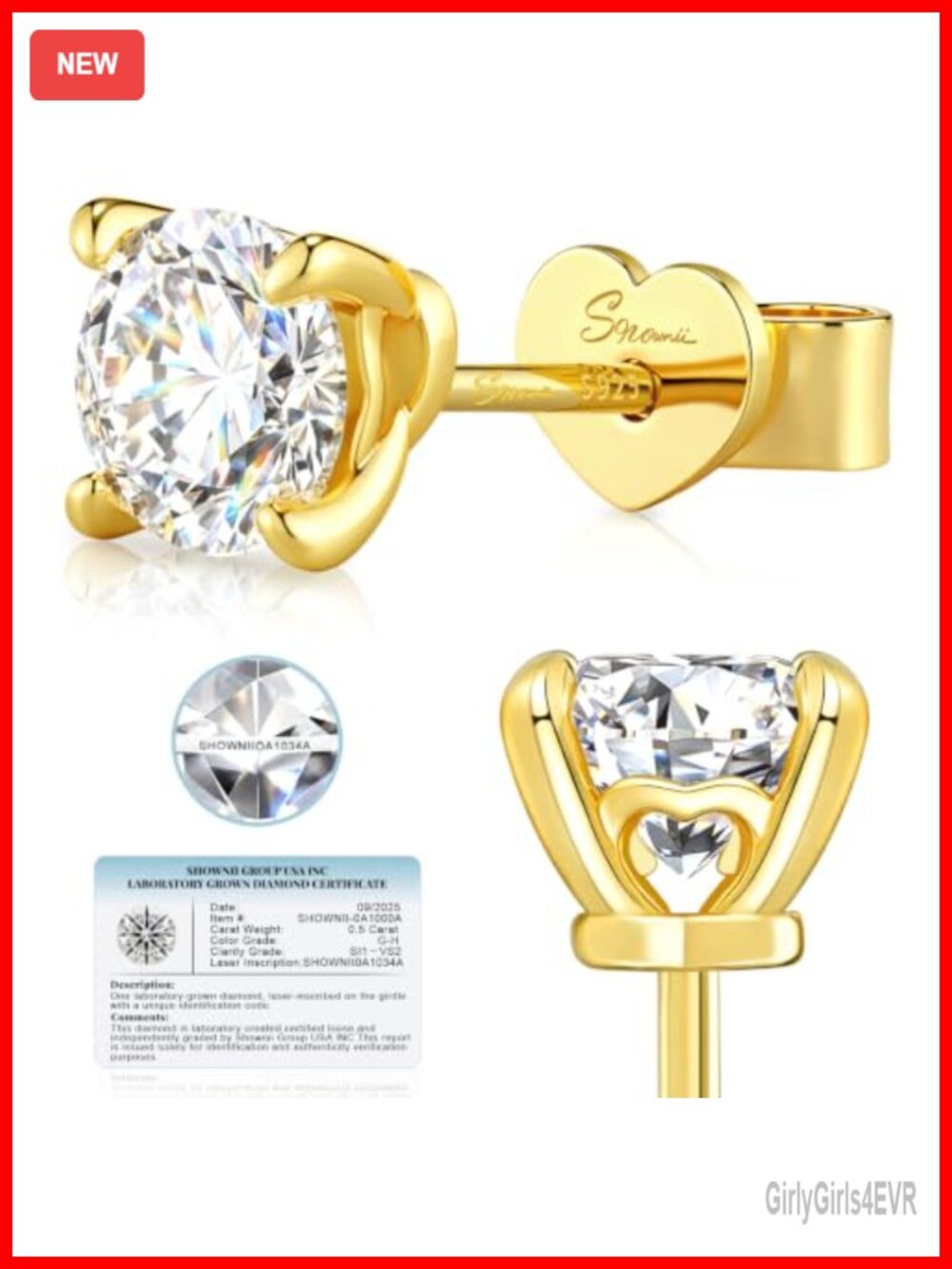 Lab Grown Diamond Stud Earrings 925 Sterling Silver 14K Yellow Gold Plated